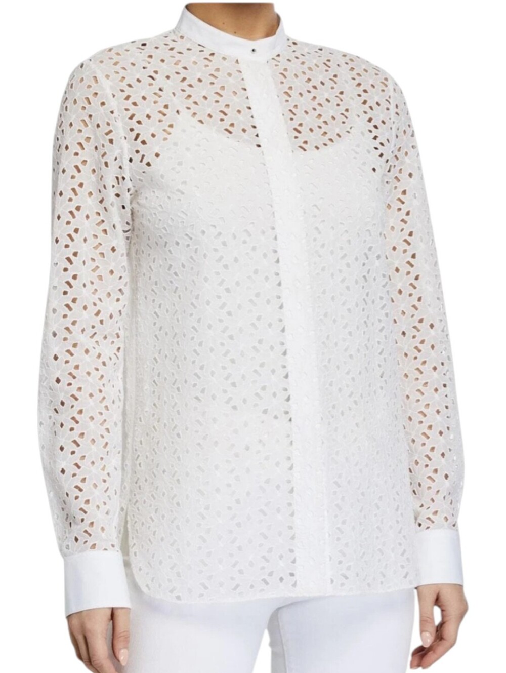 Theory White Eyelet Button-Down Mandarin Collar Blouse Cotton/ Silk Luxury Sz L - Picture 5 of 10